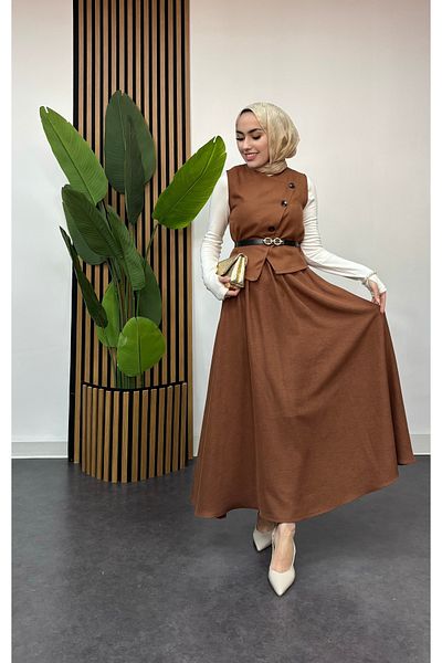 FREEMİH TEKSTİL Sofia Linen Vest Skirt Hijab Bottom Top Set Brown