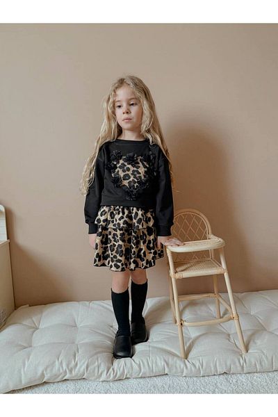 YİGİT BUTİK Leopard Patterned Girl's Skirted Set