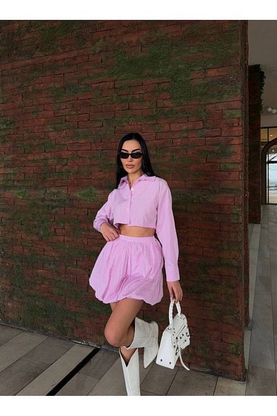 TİENDEROPA Women's Striped Balloon Skirt Shirt Set - Pink