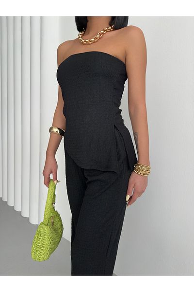 ELBEY Strapless Blouse Trousers Double Set with Side Slits