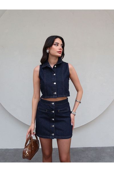 ESRAHELVACI Front Buttoned Denim Vest Skirt Set