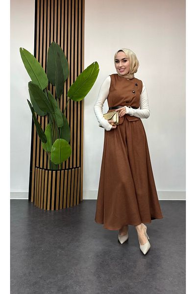 FREEMİH TEKSTİL Sofia Linen Vest Skirt Hijab Bottom Top Set Brown