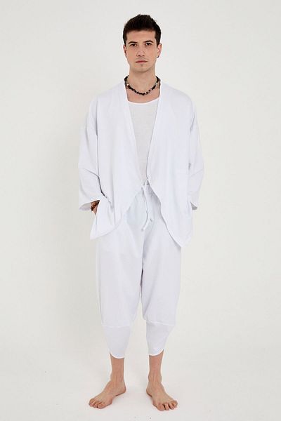 RELAXL Unisex Lace-Up Cotton Combed Short White Kimono Yoga Meditation Gown