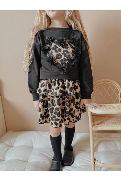 YİGİT BUTİK Leopard Patterned Girl's Skirted Set