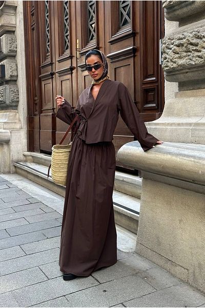 manana fashion Poplin Fabric Side Tie Brown Shirt Skirt Double Set