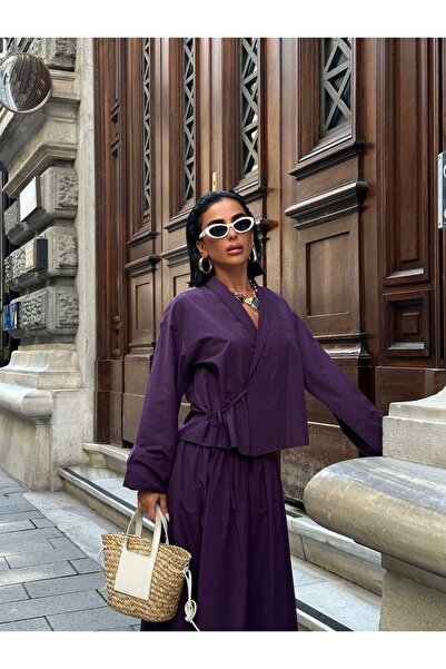 manana fashion Poplin  Kumaş yandan  bağlamalı Mor Gömlek Etek İkili Takım
