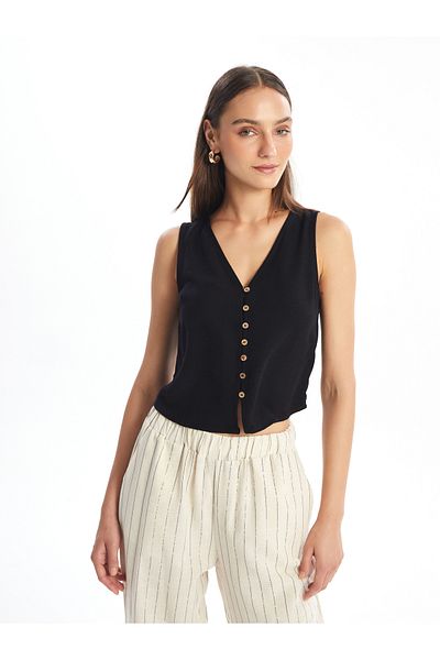 LC Waikiki V-Neck Plain Linen Blended Women's Classic Vest