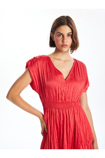 LC Waikiki V-Neck Straight Short Sleeve Satin Women's Dress