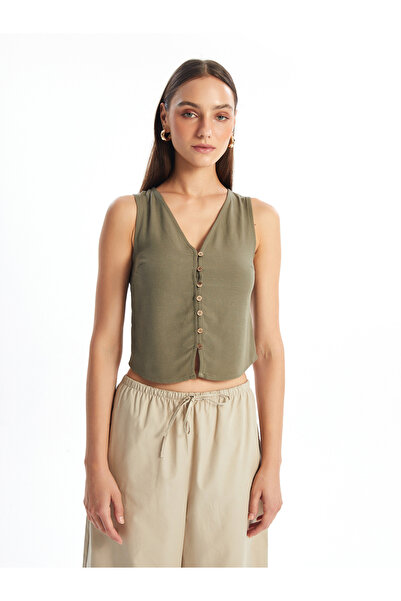 LC Waikiki V-Neck Plain Linen Blend Women's Classic Vest