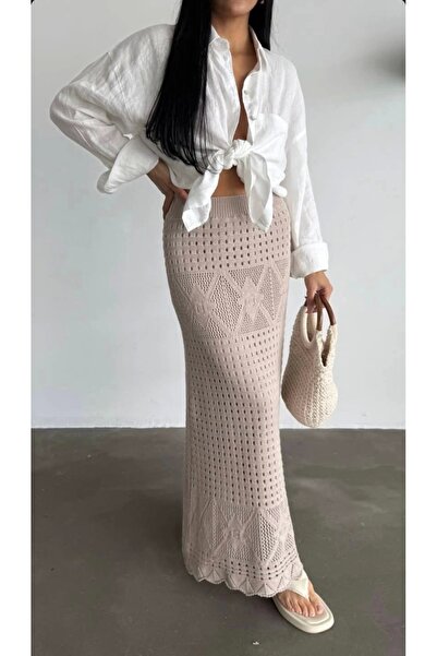 Selence Ajurlu örme astarlı etek bej