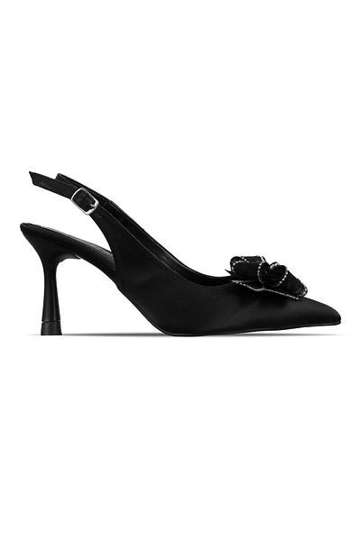 Lal Shoes & Bags Came Women's Stoned Ribbon Detailed Satin Open Back Pointed Toe Heeled Shoes-Black