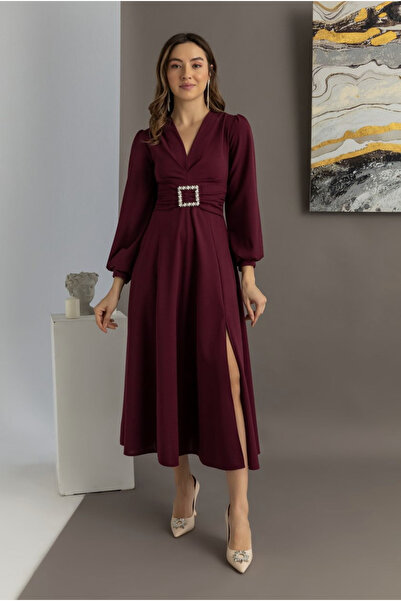 mass fashion Kadın Taş Toka Detaylı Yırtmaçlı Kloş Elbise