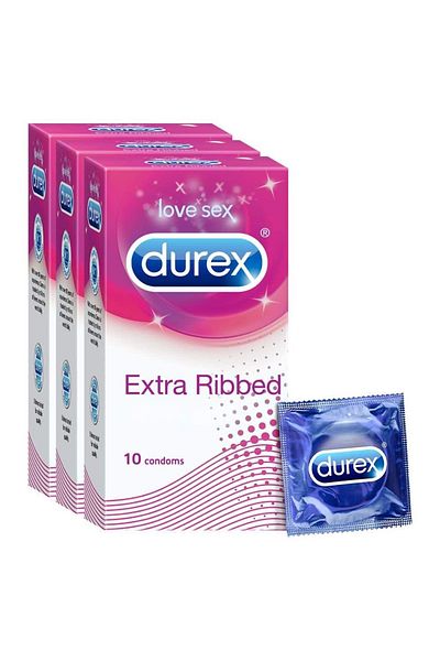 Durex Extra Ribbed Condoms for Men - 10 Count (Pack of 3) |Dotted Condoms