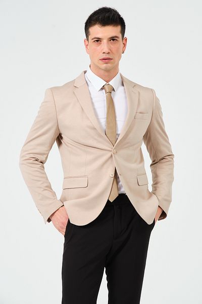 Pierre Cassi Beige Slim Fit Knitted Stretchy Fabric Blazer Jacket