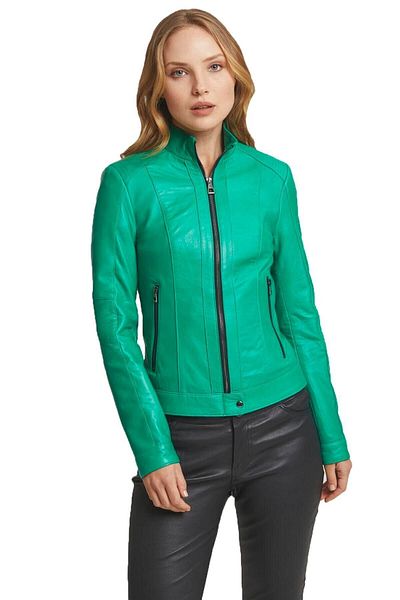 Deriderim Green Sharon Zippered Lined Short Shoulder and Sleeve Stitched Slim Fit Women's Genuine Leather Coat