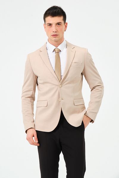 Pierre Cassi Beige Slim Fit Knitted Stretchy Fabric Blazer Jacket