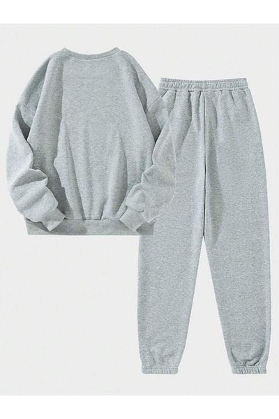 DUBU BUTİK Los Angeles 23 Sweat Suit Sweatshirt Jogger - Γκρι εμπριμέ Oversize Raster Crew Neck