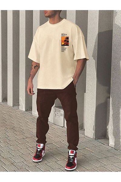 DUBU BUTİK Μπλουζάκι Beach Jogger και παντελόνι - Μπεζ/Καφέ Oversize Crew Neck Set
