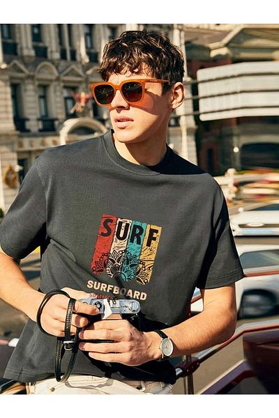 DUBU BUTİK Unisex Smoked Cotton Oversize T-shirt Surf Printed