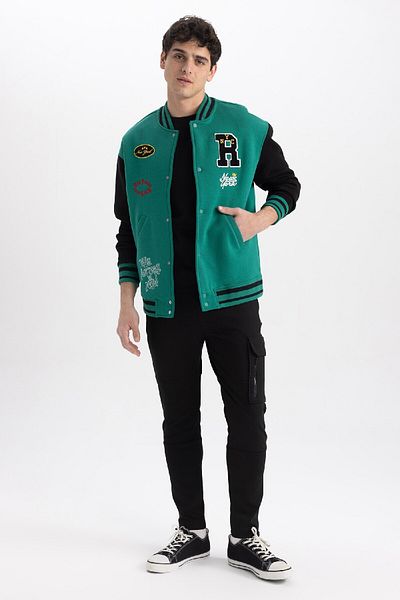 DeFacto Oversize Bomber Cardigan with College Collar Snap Closure - Soft Feather, Pocket Z9170Az23Sp
