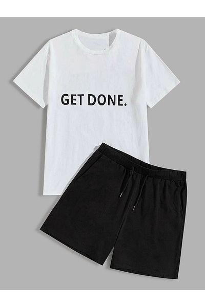 DUBU BUTİK Get DoneT-shirt Shorts - White Black Bottom Top Set Shorts T-shirt Combination Printed Crew Neck