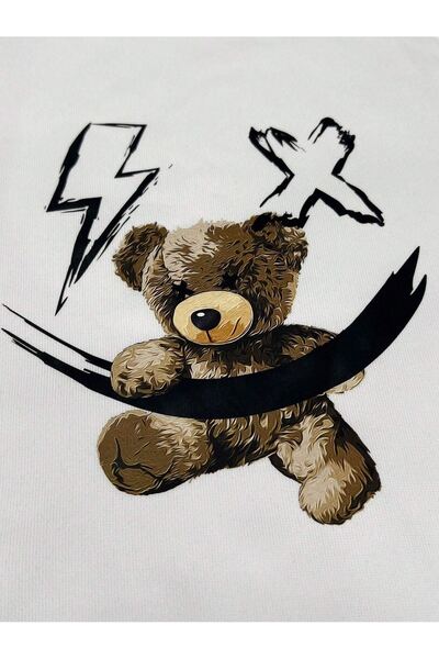 DUBU BUTİK Lightning Bear Sweatpants Jogger - Λευκό εμπριμέ λαστιχένιο πόδι ψηλόμεσο