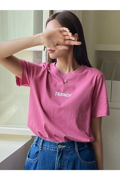 DUBU BUTİK Trendy T-Shirt - Pink Oversize Printed Crew Neck