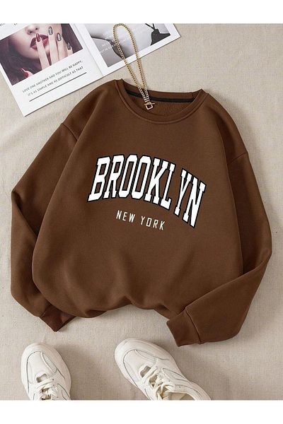 DUBU BUTİK Μπλούζα Brooklyn New York - Καφέ στάμπα Oversize Crew Neck