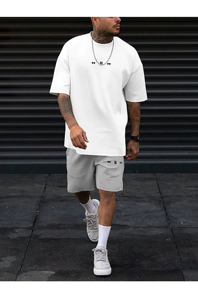 DUBU BUTİK Γκρι Σορτς Λευκό Σετ Μπλουζάκι Play Printed Oversize Unisex