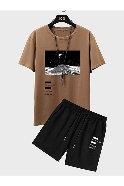 DUBU BUTİK Къси панталони Moon T-shirt - Комплект от комбинирани къси панталони с черен горен край и щампа Oversize с велосипедно деколте