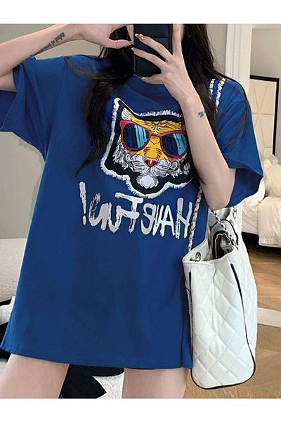 DUBU BUTİK Have Fun Glasses Figure T-shirt - Navy Blue Printed Oversize Crew Neck Short Sleeve T-Shirt