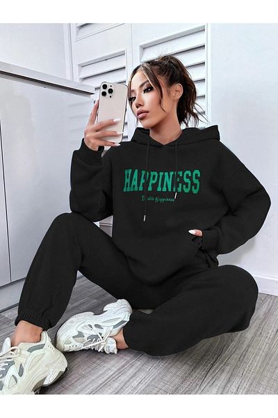 DUBU BUTİK Σετ αθλητικής φόρμας Happiness Φούτερ Jogger - Μαύρη στάμπα Oversize Raised Hooded