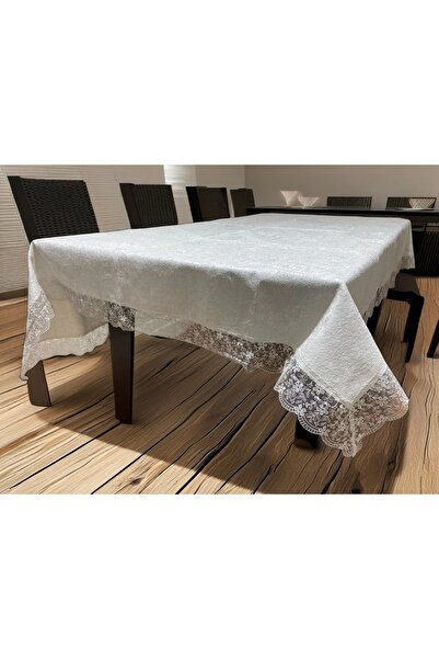 Sfr Home by FİSKOS KADİFE DANTELLİ YEMEK MASA ÖRTÜSÜ KREM RENK EBAT SEÇENEKLİ