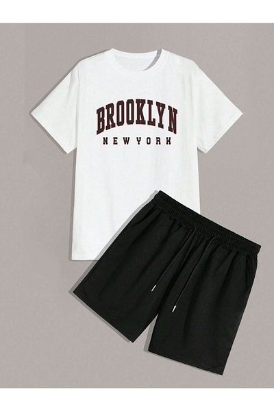 DUBU BUTİK Къси къси тениски Brooklyn New York - бяло черно долно горно отборни къси къси панталони Комбинирана тениска с щампа с кръгла яка
