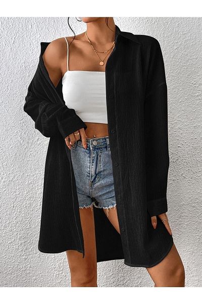 CLAYES Women's Oversize Long Shirt - Black Plain Long Shirt