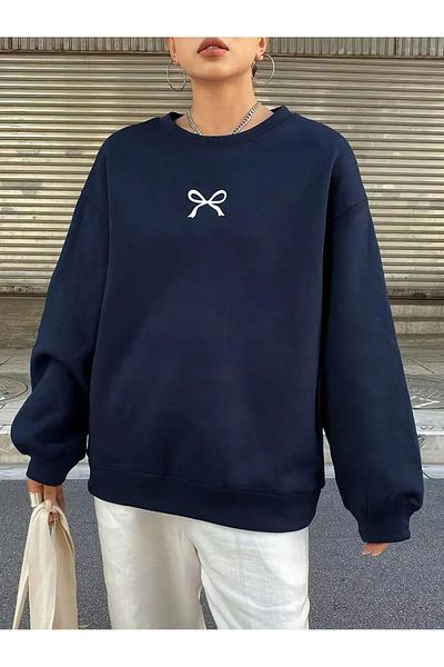 CLAYES Navy Blue Oversize Sweatshirt - Minimal Bow Printed, Crew Neck