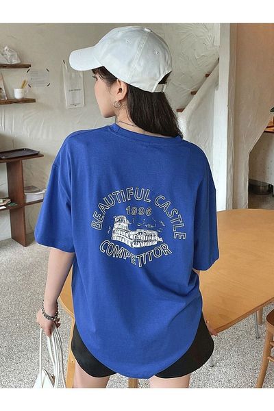DUBU BUTİK Beatiful Castle T-Shirt - Sax Blue Printed Oversize Crew Neck Short Sleeve