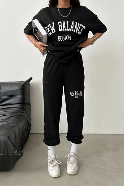 DUBU BUTİK Balance Boston T-shirt Φούτερ Jogger - μαύρη στάμπα κάτω μπλούζα αθλητική φόρμα Oversize Cycling Yak