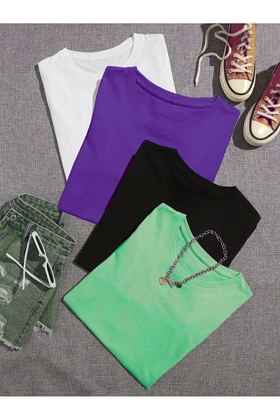 CLAYES Tricou simplu, de bază, 4 piese, combinație multiplă - Alb Violet Negru și verde de apă, decolteu supradimensionat