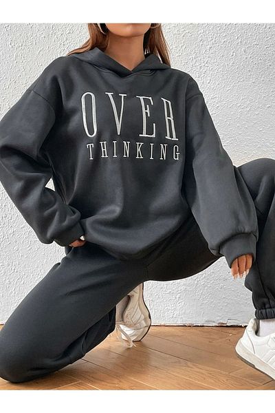 DUBU BUTİK طقم بدلة رياضية من Over Thinking سويت شيرت Jogger - سروال مطاطي بغطاء للرأس كبير الحجم ومطبوع مدخن