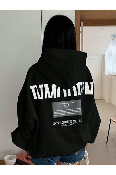 CLAYES Μαύρο φούτερ με μοντέρνα στάμπα Unisex Oversize με κουκούλα
