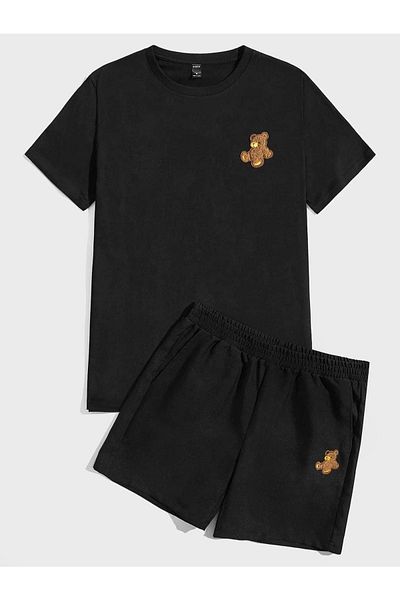 DUBU BUTİK Černé šortky Černá sada triček Teddy Bear Oversize Unisex s potiskem