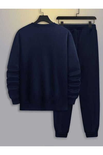 DUBU BUTİK طقم بدلة رياضية مكتوبة من Paris Sweatshirt Jogger - رقبة دائرية كبيرة الحجم مطبوعة باللون الكحلي