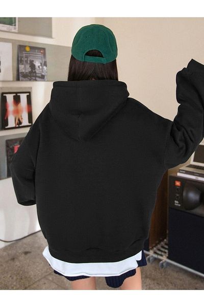 DUBU BUTİK Nice Sweatshirt - Black Printed Oversize Hoodie