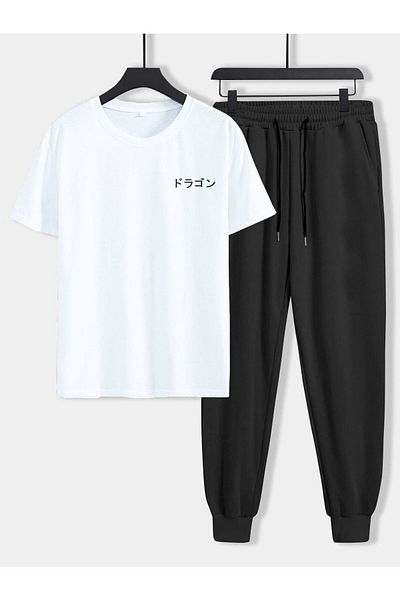 DUBU BUTİK Dragon White T-shirt Μαύρο Φούτερ Jogger Oversize Cycling Yak Σετ