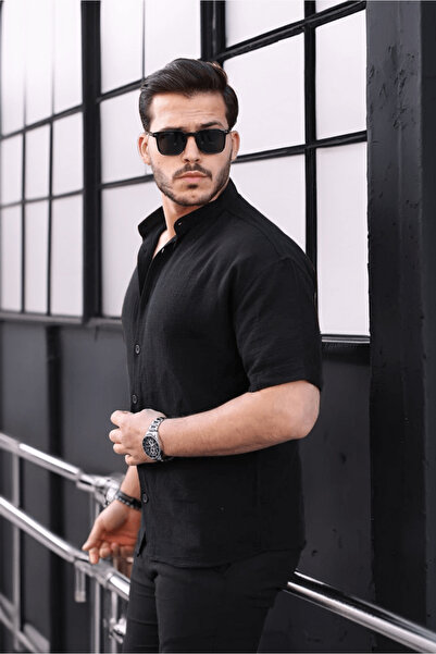 Valiberta Κοντομάνικο πουκάμισο Judge Collar Muslin Fabric - Μαύρο