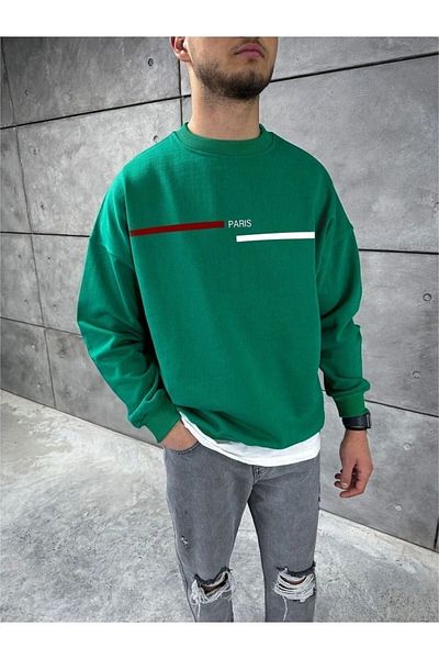 DUBU BUTİK Paris Striped Sweatshirt - Green Printed Oversize Crew Neck