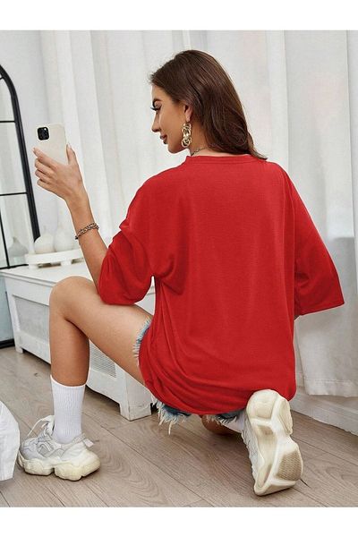 DUBU BUTİK Tricou cu imprimeu cu detaliu de buzunar - Mânecă scurtă roșie cu gât cu mânecă scurtă oversize