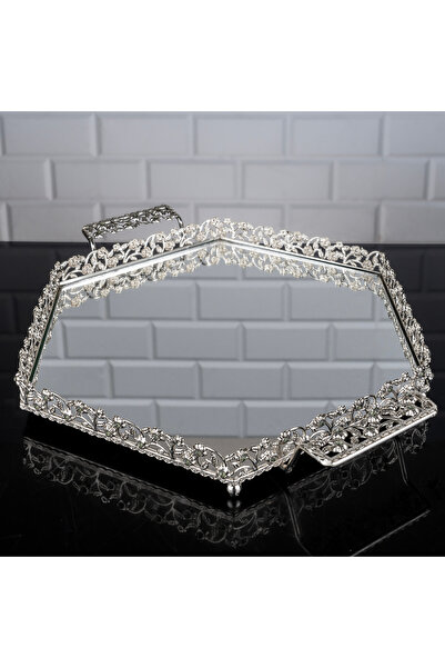 ZETT Elmas Altıgen Büyük Tepsi Aynalı Metal Kulplu Jardinyer Gümüş