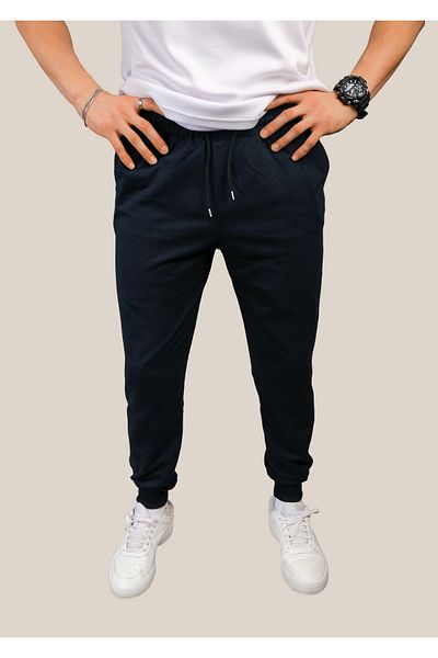 EydaMoon Ανδρικό Navy Blue Jooger Ribbed Leg Αθλητικό Φούτερ με ελαστική μέση και τσέπες